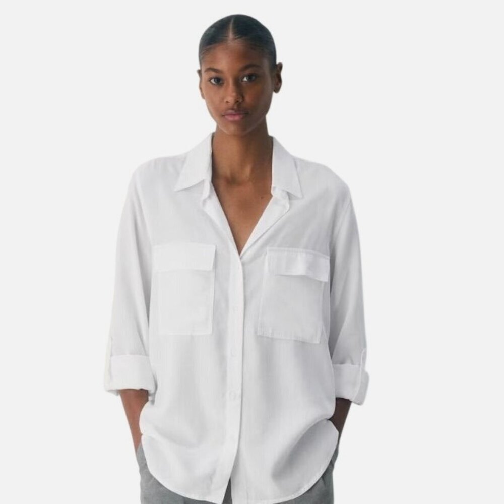 The Group Babaton White Button Front Shirt Roll Tab Sleeve M Boyfriend Shirt